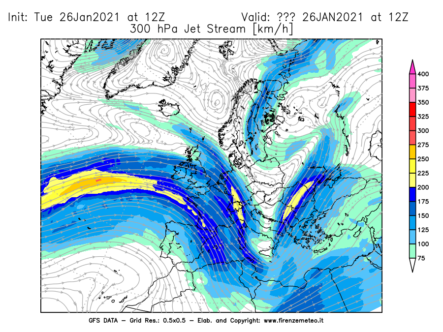 Mappa di analisi GFS - Jet Stream a 300 hPa in Europa
							del 26/01/2021 12 <!--googleoff: index-->UTC<!--googleon: index-->