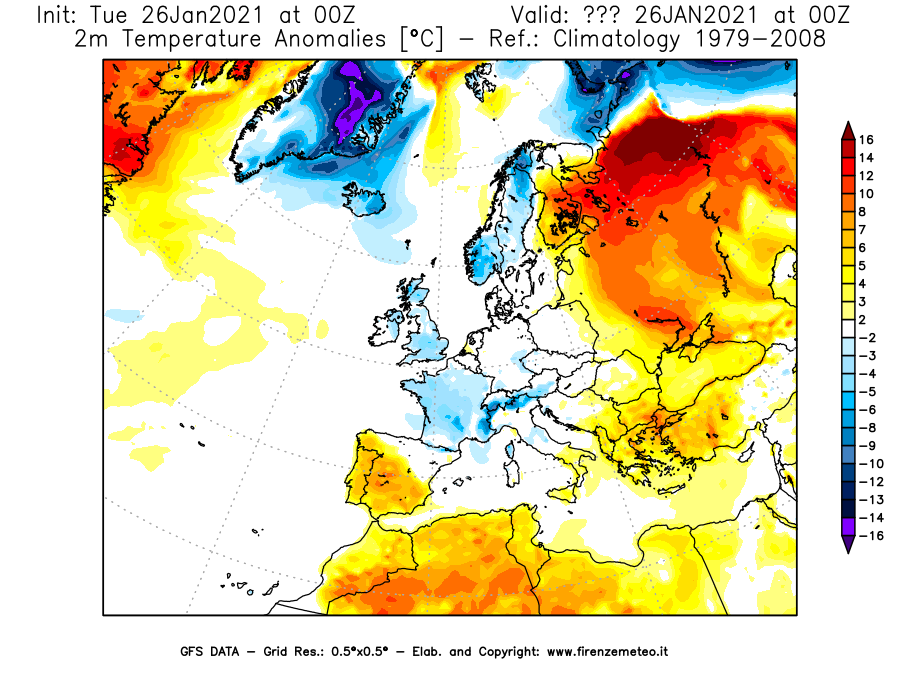 Mappa di analisi GFS - Anomalia Temperatura [°C] a 2 m in Europa
							del 26/01/2021 00 <!--googleoff: index-->UTC<!--googleon: index-->