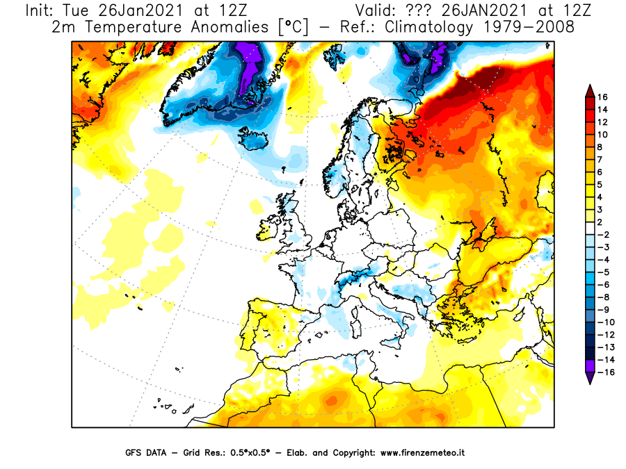 Mappa di analisi GFS - Anomalia Temperatura [°C] a 2 m in Europa
							del 26/01/2021 12 <!--googleoff: index-->UTC<!--googleon: index-->