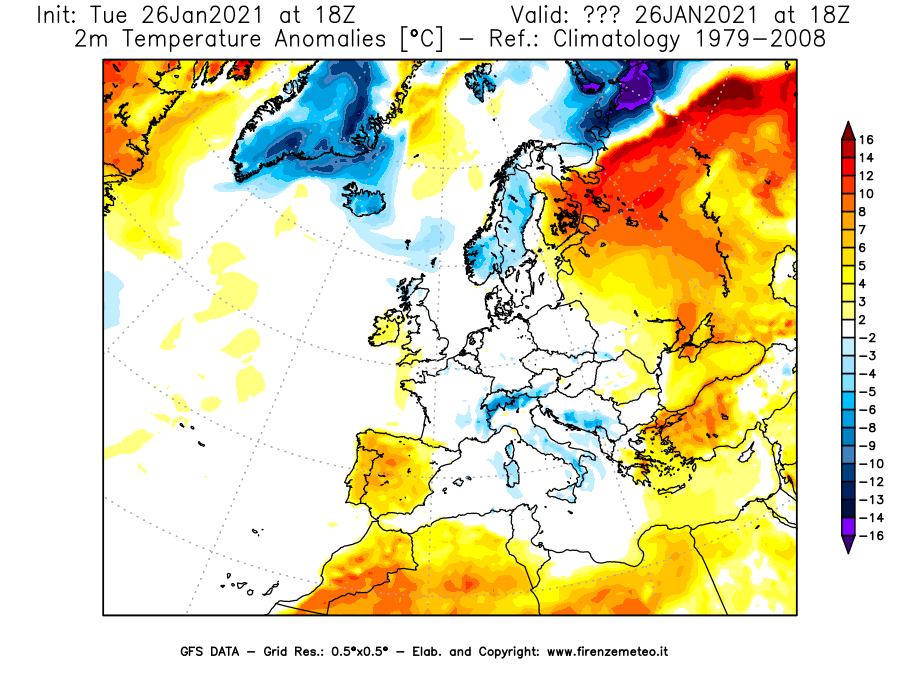 Mappa di analisi GFS - Anomalia Temperatura [°C] a 2 m in Europa
							del 26/01/2021 18 <!--googleoff: index-->UTC<!--googleon: index-->
