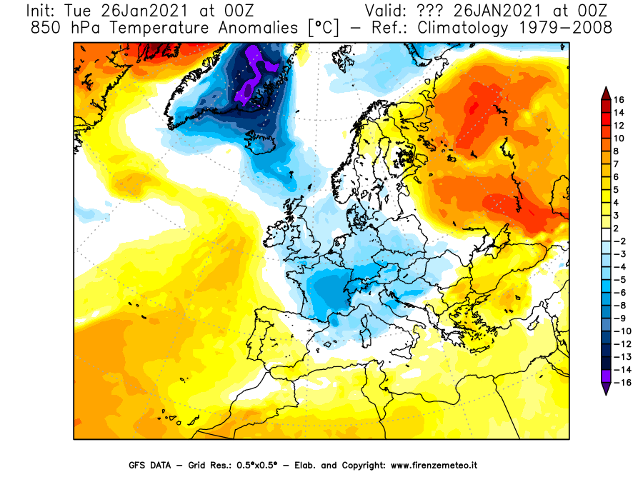 Mappa di analisi GFS - Anomalia Temperatura [°C] a 850 hPa in Europa
							del 26/01/2021 00 <!--googleoff: index-->UTC<!--googleon: index-->