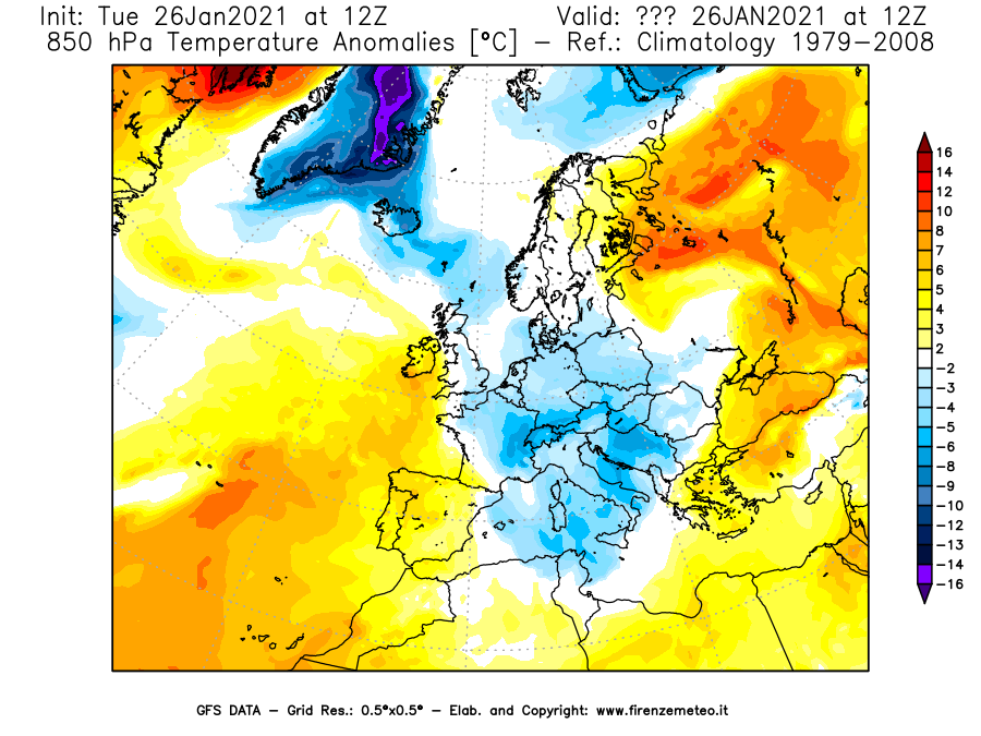 Mappa di analisi GFS - Anomalia Temperatura [°C] a 850 hPa in Europa
							del 26/01/2021 12 <!--googleoff: index-->UTC<!--googleon: index-->