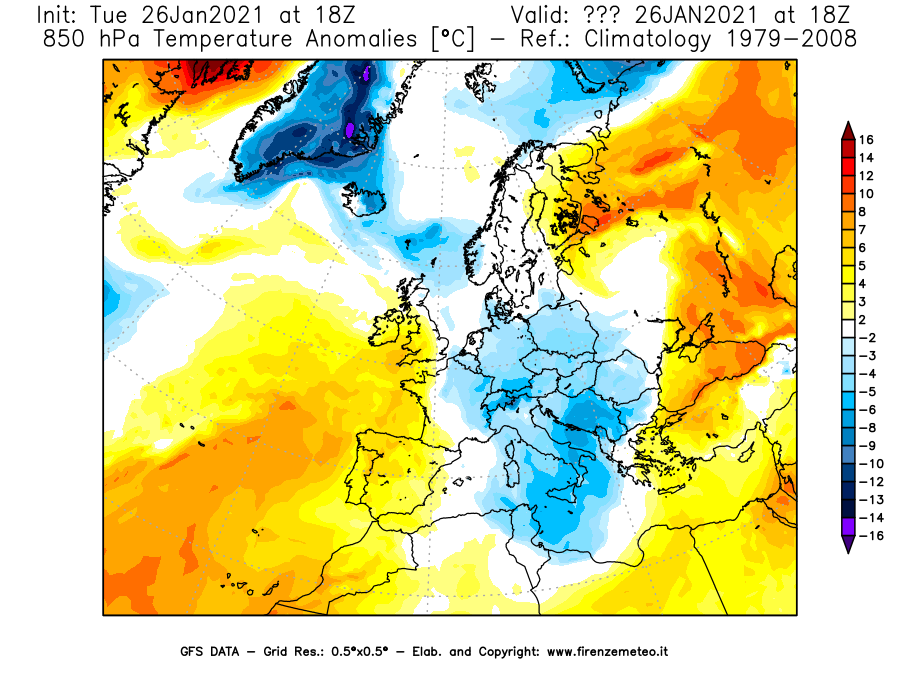 Mappa di analisi GFS - Anomalia Temperatura [°C] a 850 hPa in Europa
							del 26/01/2021 18 <!--googleoff: index-->UTC<!--googleon: index-->