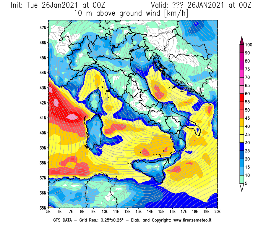 Mappa di analisi GFS - Velocità del vento a 10 metri dal suolo [km/h] in Italia
							del 26/01/2021 00 <!--googleoff: index-->UTC<!--googleon: index-->
