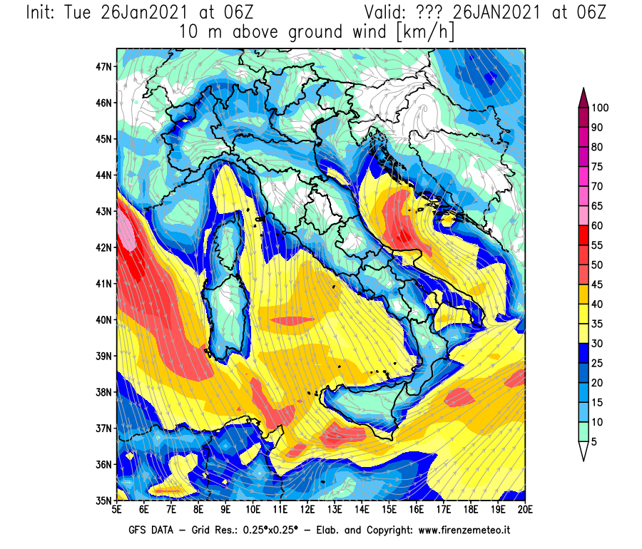 Mappa di analisi GFS - Velocità del vento a 10 metri dal suolo [km/h] in Italia
							del 26/01/2021 06 <!--googleoff: index-->UTC<!--googleon: index-->