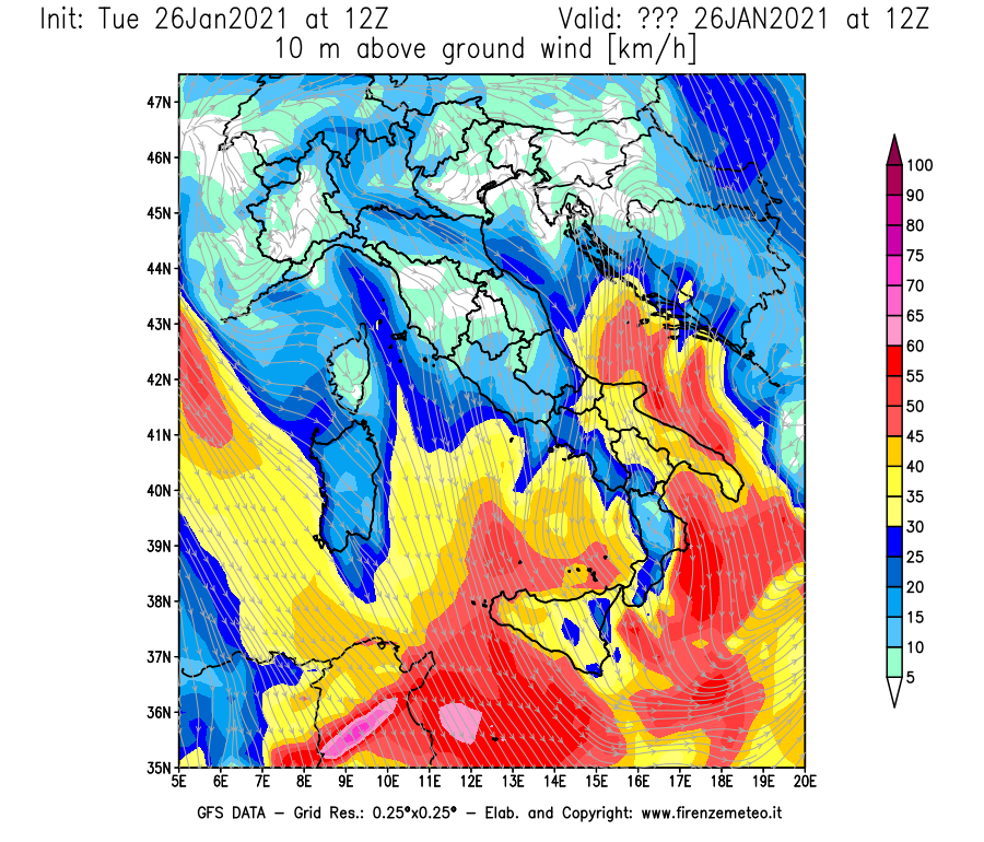 Mappa di analisi GFS - Velocità del vento a 10 metri dal suolo [km/h] in Italia
							del 26/01/2021 12 <!--googleoff: index-->UTC<!--googleon: index-->