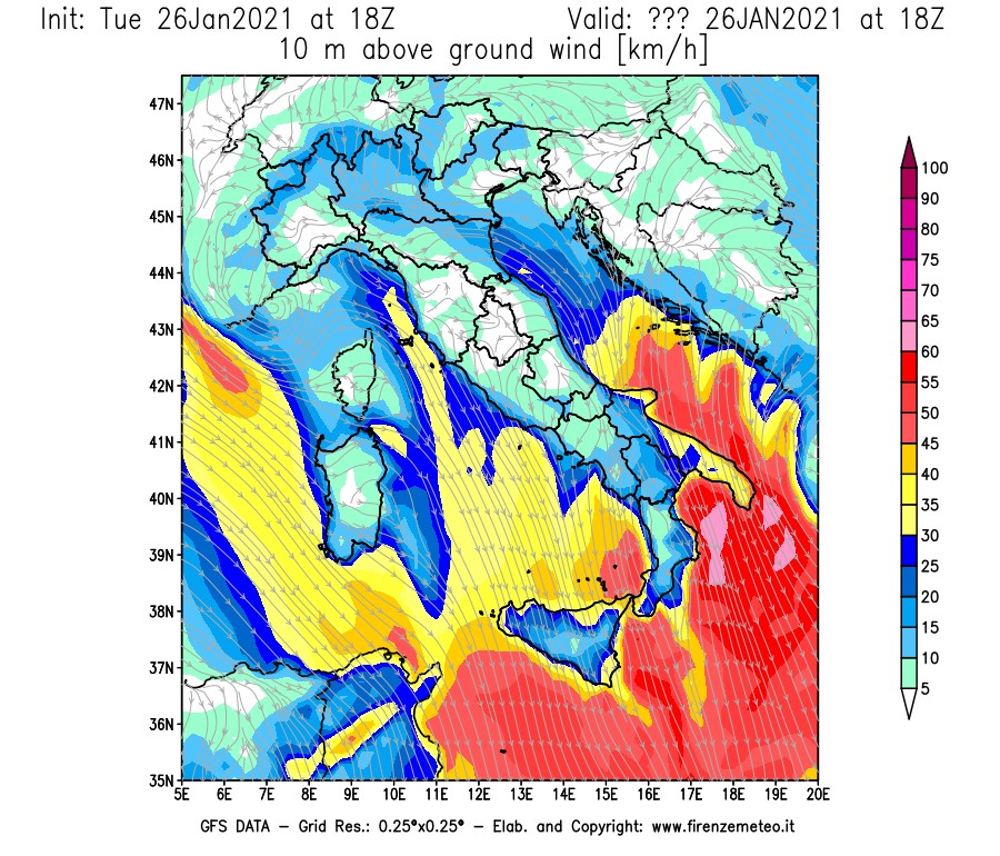 Mappa di analisi GFS - Velocità del vento a 10 metri dal suolo [km/h] in Italia
							del 26/01/2021 18 <!--googleoff: index-->UTC<!--googleon: index-->