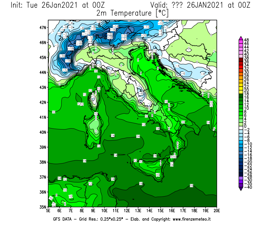 Mappa di analisi GFS - Temperatura a 2 metri dal suolo [°C] in Italia
							del 26/01/2021 00 <!--googleoff: index-->UTC<!--googleon: index-->