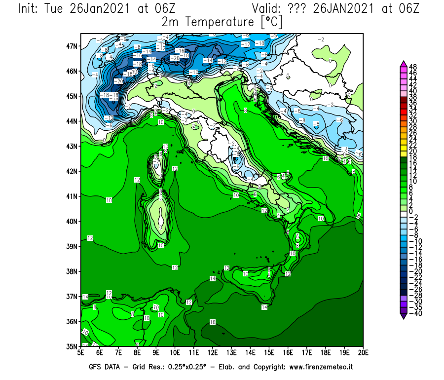 Mappa di analisi GFS - Temperatura a 2 metri dal suolo [°C] in Italia
							del 26/01/2021 06 <!--googleoff: index-->UTC<!--googleon: index-->