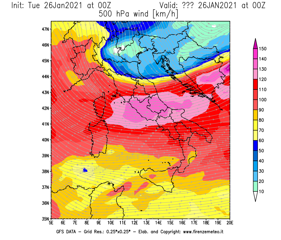 Mappa di analisi GFS - Velocità del vento a 500 hPa [km/h] in Italia
							del 26/01/2021 00 <!--googleoff: index-->UTC<!--googleon: index-->