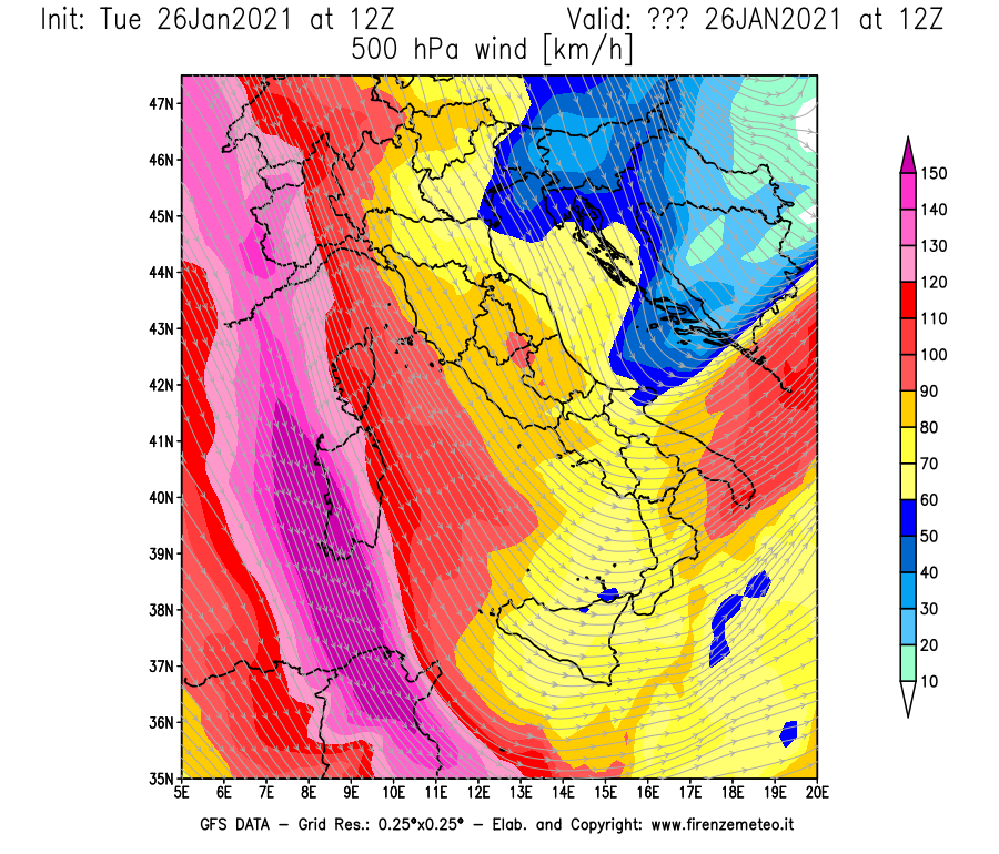 Mappa di analisi GFS - Velocità del vento a 500 hPa [km/h] in Italia
							del 26/01/2021 12 <!--googleoff: index-->UTC<!--googleon: index-->