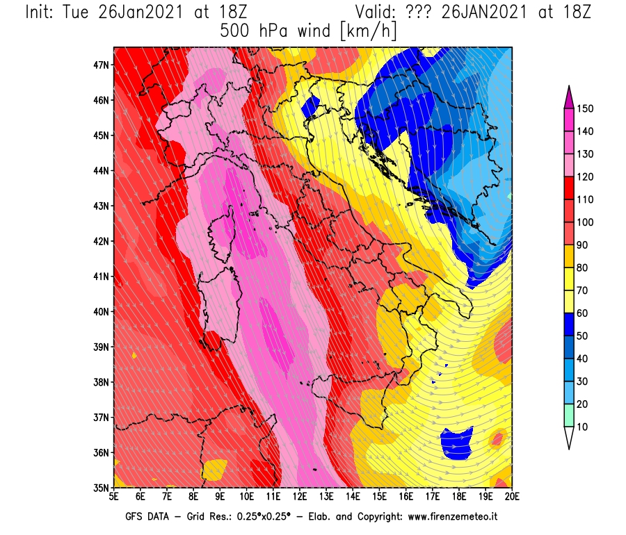 Mappa di analisi GFS - Velocità del vento a 500 hPa [km/h] in Italia
							del 26/01/2021 18 <!--googleoff: index-->UTC<!--googleon: index-->