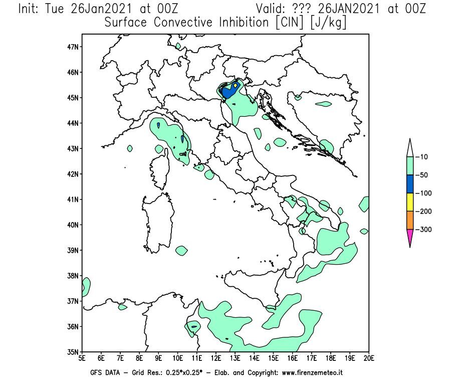 Mappa di analisi GFS - CIN [J/kg] in Italia
							del 26/01/2021 00 <!--googleoff: index-->UTC<!--googleon: index-->