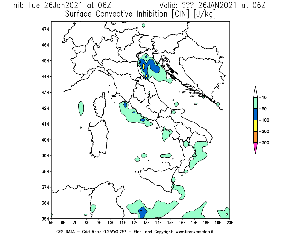 Mappa di analisi GFS - CIN [J/kg] in Italia
							del 26/01/2021 06 <!--googleoff: index-->UTC<!--googleon: index-->