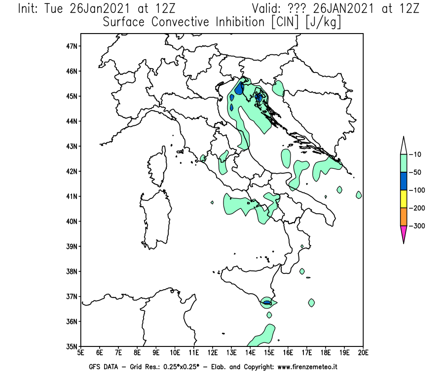Mappa di analisi GFS - CIN [J/kg] in Italia
							del 26/01/2021 12 <!--googleoff: index-->UTC<!--googleon: index-->