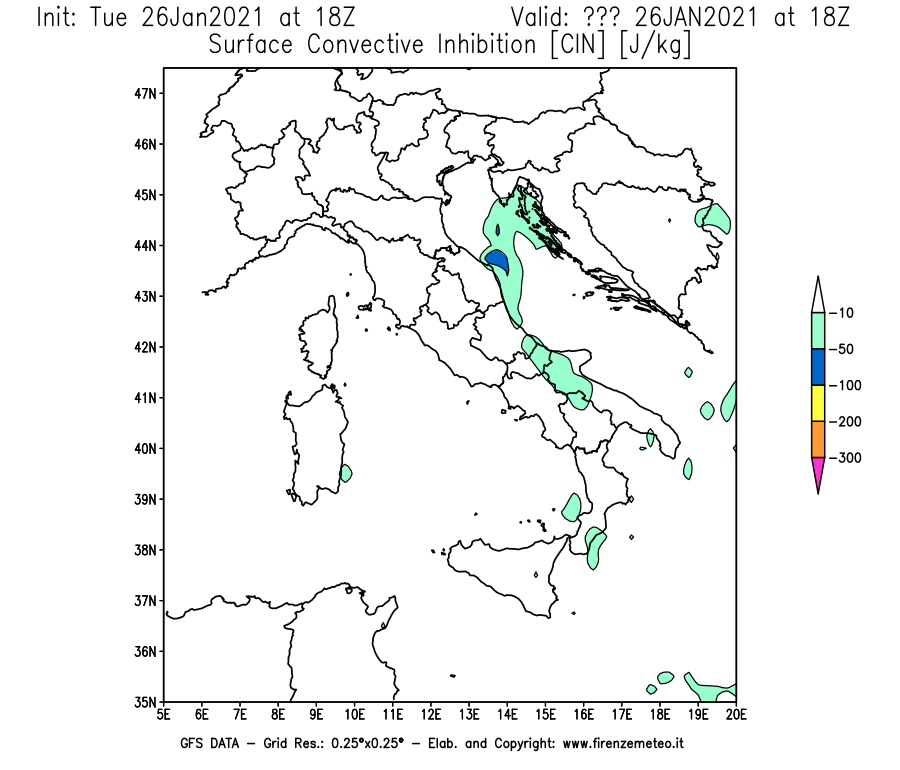 Mappa di analisi GFS - CIN [J/kg] in Italia
							del 26/01/2021 18 <!--googleoff: index-->UTC<!--googleon: index-->