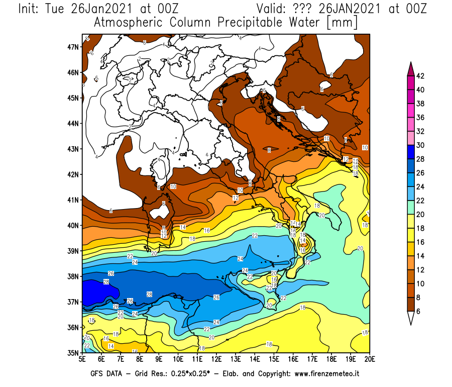 Mappa di analisi GFS - Precipitable Water [mm] in Italia
							del 26/01/2021 00 <!--googleoff: index-->UTC<!--googleon: index-->