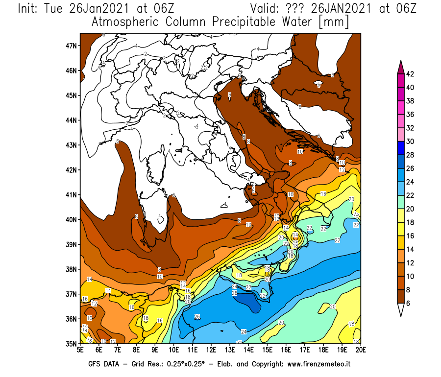 Mappa di analisi GFS - Precipitable Water [mm] in Italia
							del 26/01/2021 06 <!--googleoff: index-->UTC<!--googleon: index-->