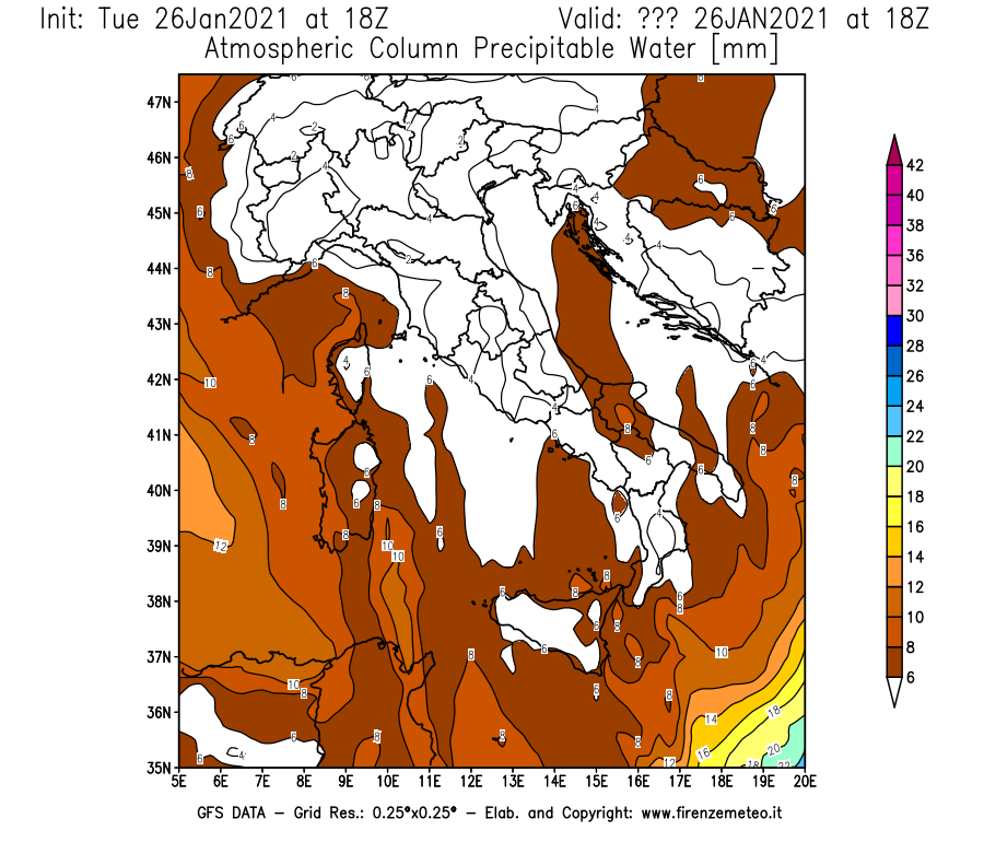 Mappa di analisi GFS - Precipitable Water [mm] in Italia
							del 26/01/2021 18 <!--googleoff: index-->UTC<!--googleon: index-->
