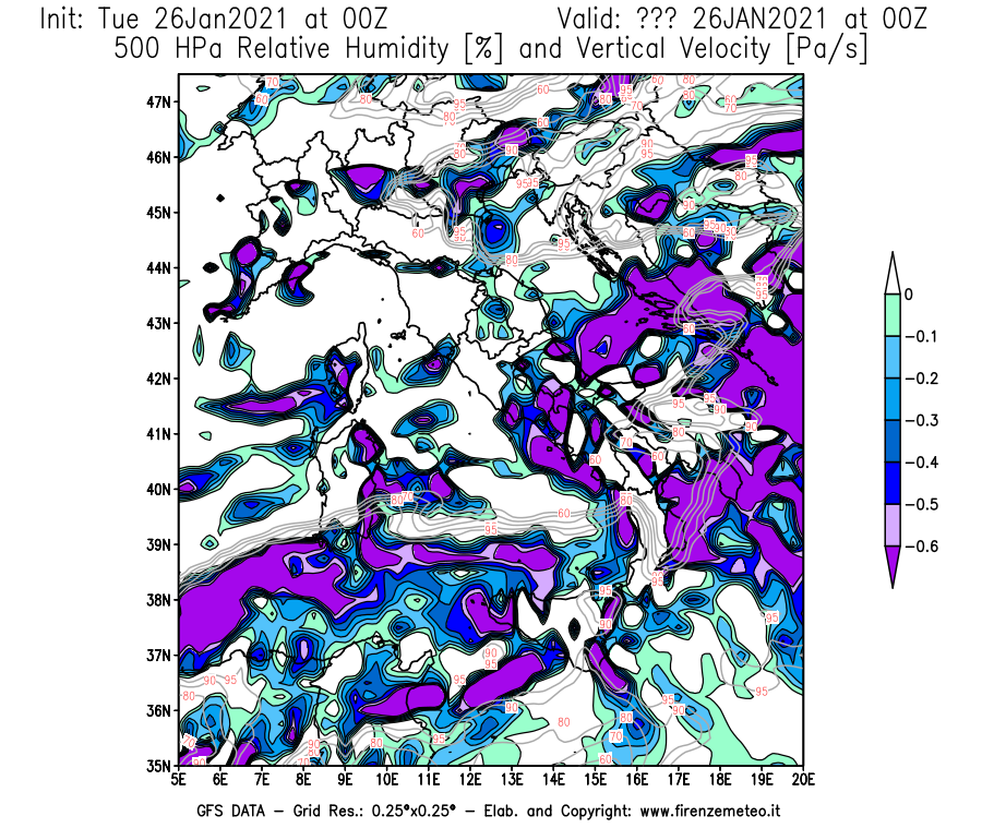 Mappa di analisi GFS - Umidità relativa [%] e Omega [Pa/s] a 500 hPa in Italia
							del 26/01/2021 00 <!--googleoff: index-->UTC<!--googleon: index-->