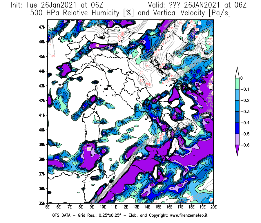 Mappa di analisi GFS - Umidità relativa [%] e Omega [Pa/s] a 500 hPa in Italia
							del 26/01/2021 06 <!--googleoff: index-->UTC<!--googleon: index-->