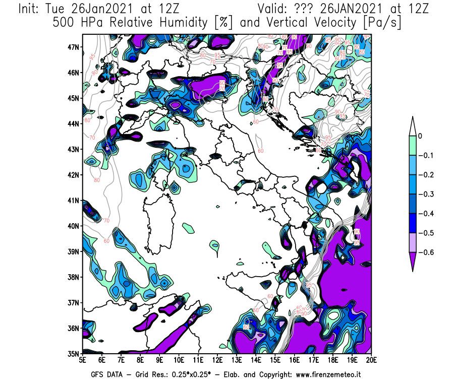 Mappa di analisi GFS - Umidità relativa [%] e Omega [Pa/s] a 500 hPa in Italia
							del 26/01/2021 12 <!--googleoff: index-->UTC<!--googleon: index-->