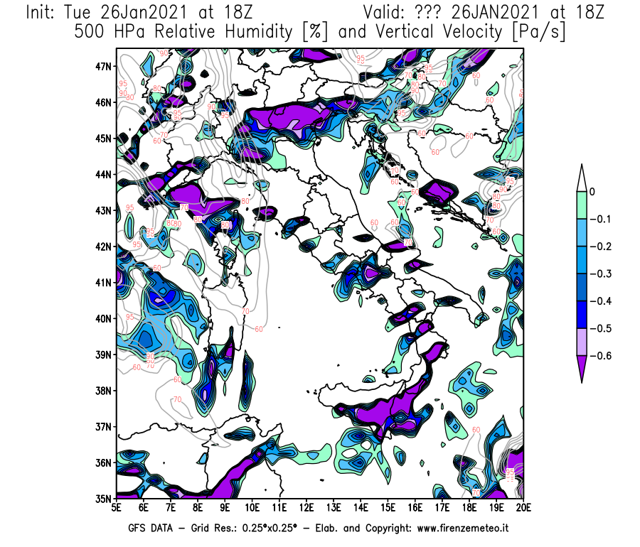 Mappa di analisi GFS - Umidità relativa [%] e Omega [Pa/s] a 500 hPa in Italia
							del 26/01/2021 18 <!--googleoff: index-->UTC<!--googleon: index-->