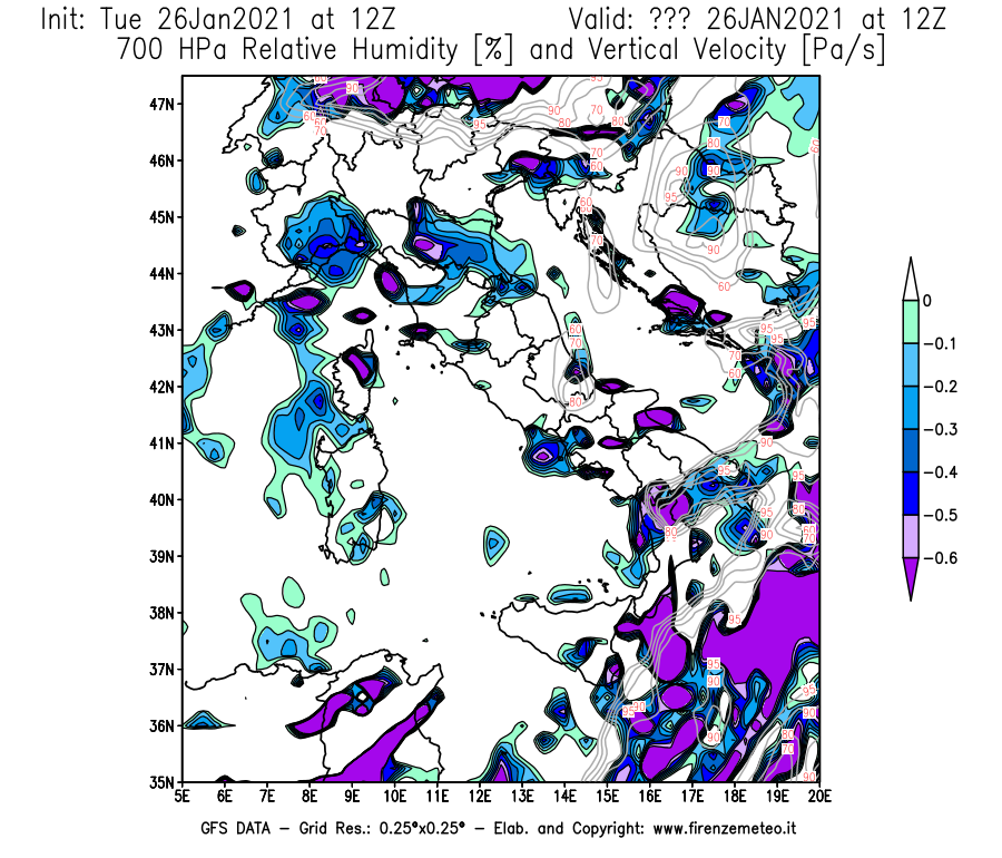 Mappa di analisi GFS - Umidità relativa [%] e Omega [Pa/s] a 700 hPa in Italia
							del 26/01/2021 12 <!--googleoff: index-->UTC<!--googleon: index-->