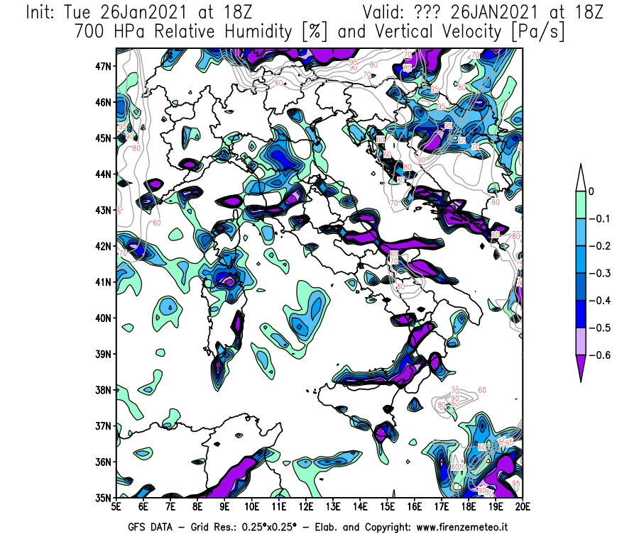Mappa di analisi GFS - Umidità relativa [%] e Omega [Pa/s] a 700 hPa in Italia
							del 26/01/2021 18 <!--googleoff: index-->UTC<!--googleon: index-->