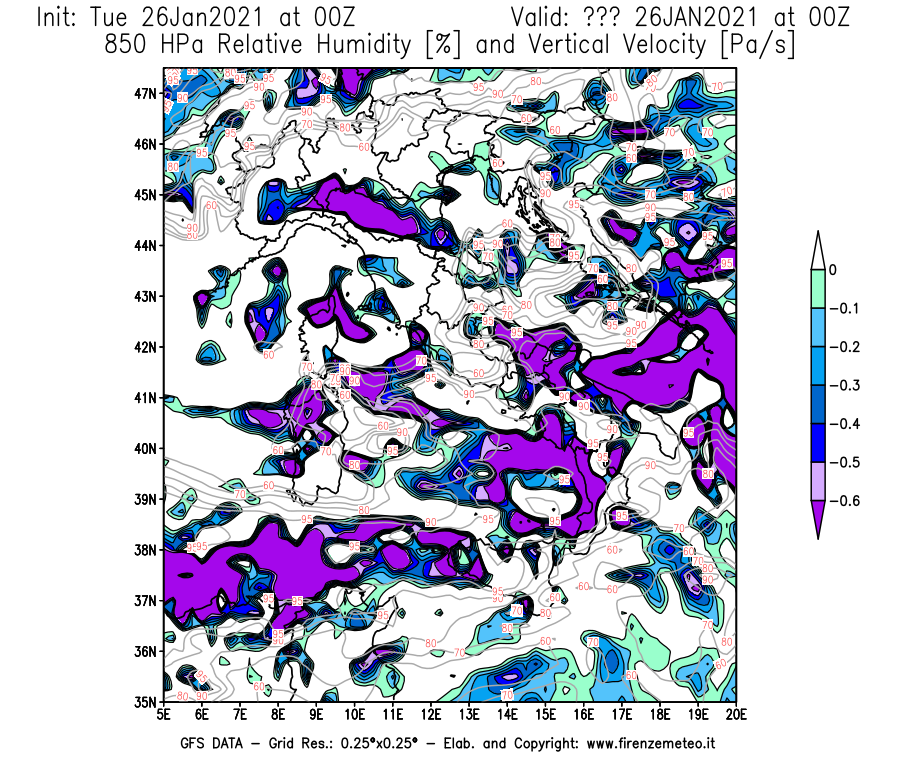 Mappa di analisi GFS - Umidità relativa [%] e Omega [Pa/s] a 850 hPa in Italia
							del 26/01/2021 00 <!--googleoff: index-->UTC<!--googleon: index-->