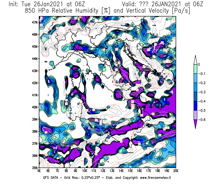 Mappa di analisi GFS - Umidità relativa [%] e Omega [Pa/s] a 850 hPa in Italia
							del 26/01/2021 06 <!--googleoff: index-->UTC<!--googleon: index-->