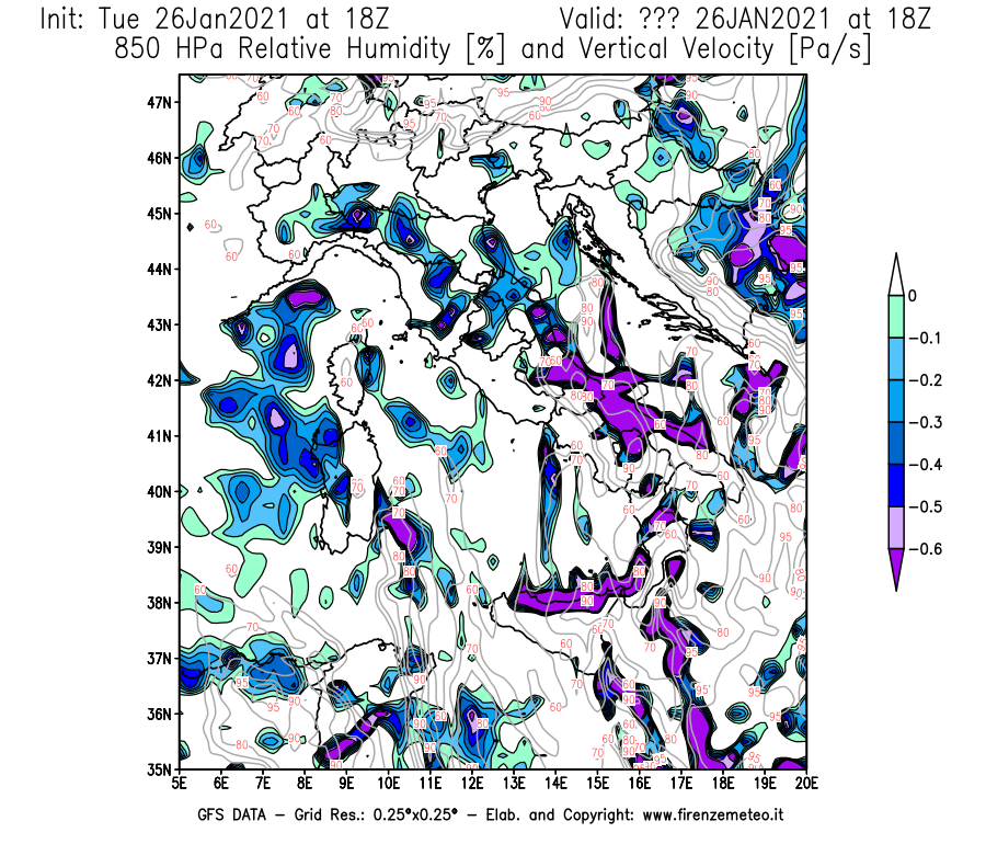 Mappa di analisi GFS - Umidità relativa [%] e Omega [Pa/s] a 850 hPa in Italia
							del 26/01/2021 18 <!--googleoff: index-->UTC<!--googleon: index-->