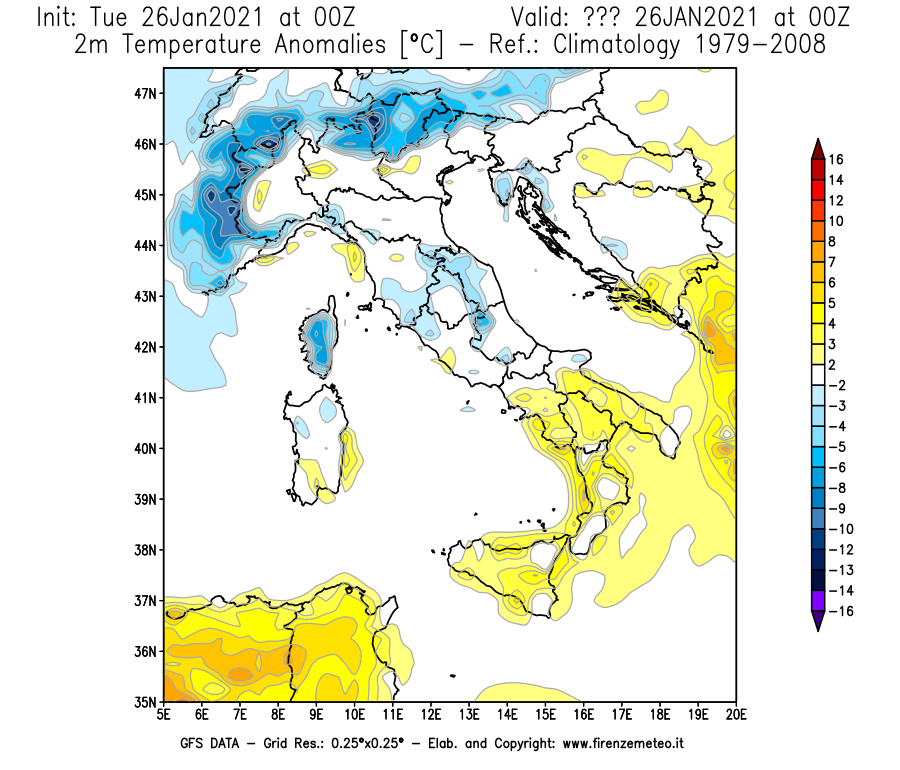 Mappa di analisi GFS - Anomalia Temperatura [°C] a 2 m in Italia
							del 26/01/2021 00 <!--googleoff: index-->UTC<!--googleon: index-->