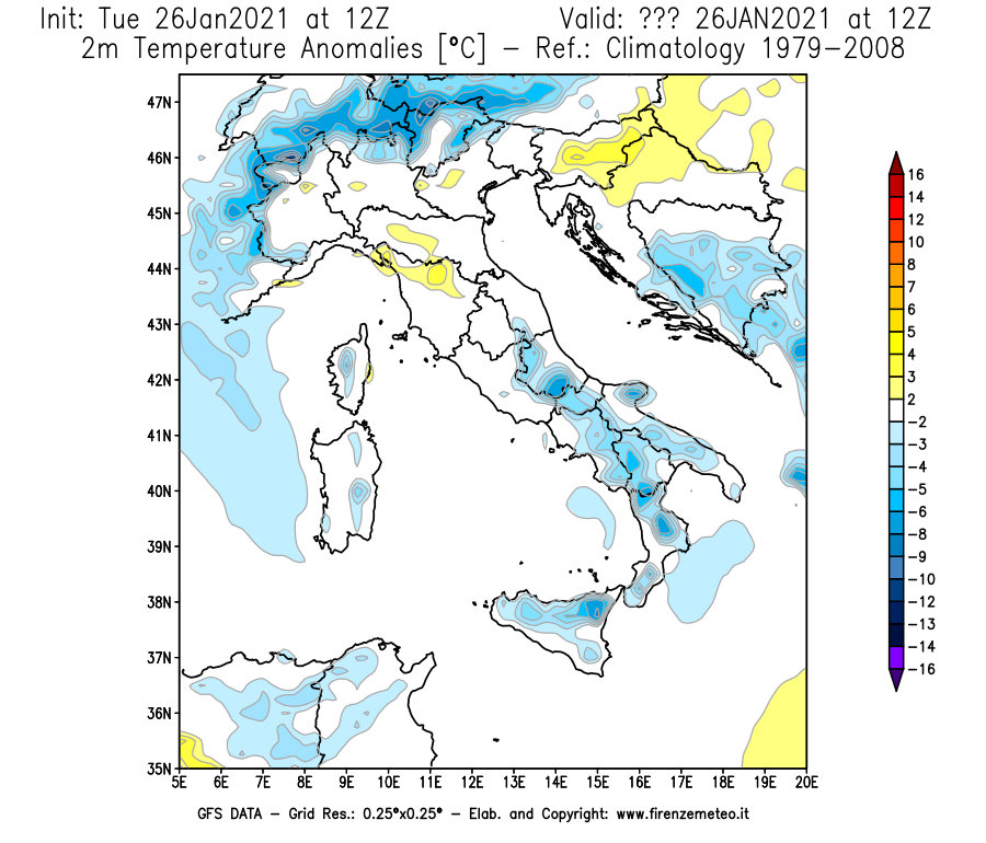 Mappa di analisi GFS - Anomalia Temperatura [°C] a 2 m in Italia
							del 26/01/2021 12 <!--googleoff: index-->UTC<!--googleon: index-->