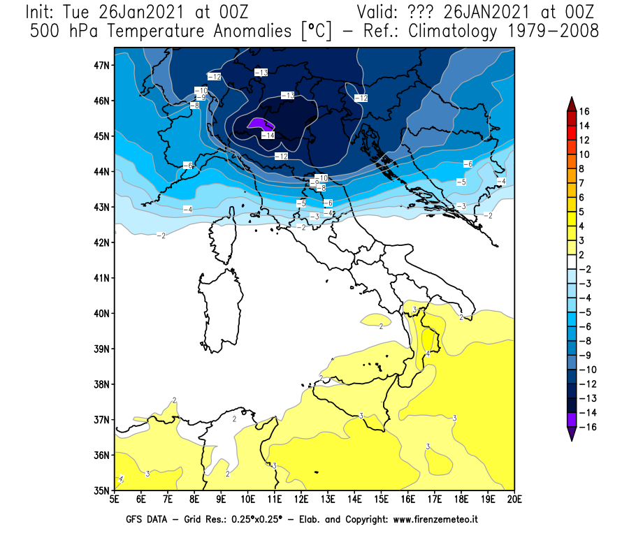 Mappa di analisi GFS - Anomalia Temperatura [°C] a 500 hPa in Italia
							del 26/01/2021 00 <!--googleoff: index-->UTC<!--googleon: index-->