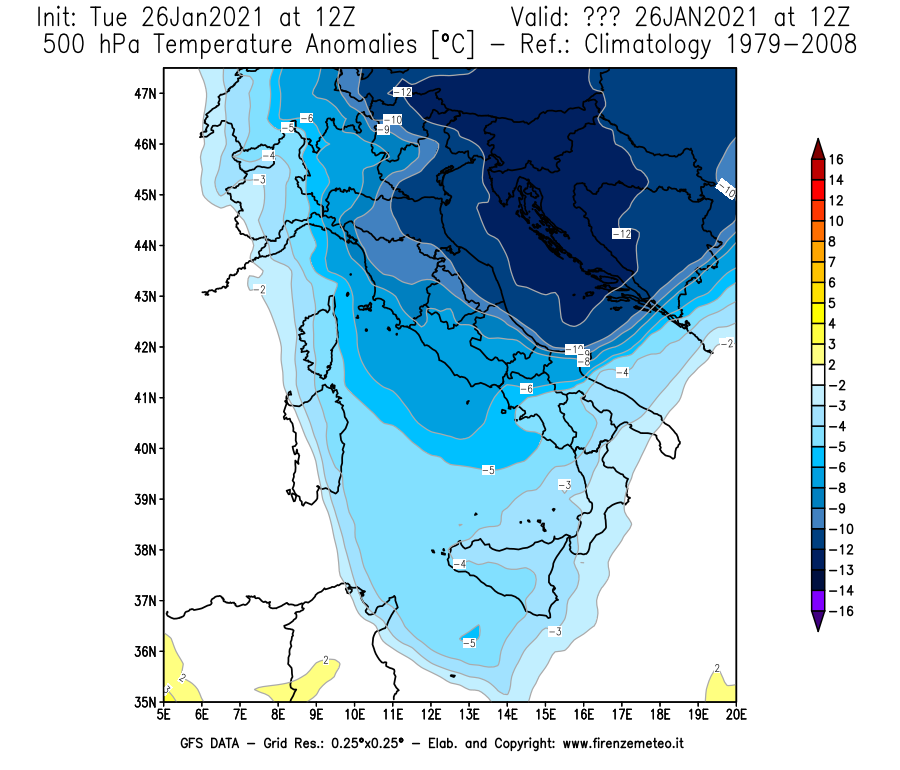 Mappa di analisi GFS - Anomalia Temperatura [°C] a 500 hPa in Italia
							del 26/01/2021 12 <!--googleoff: index-->UTC<!--googleon: index-->