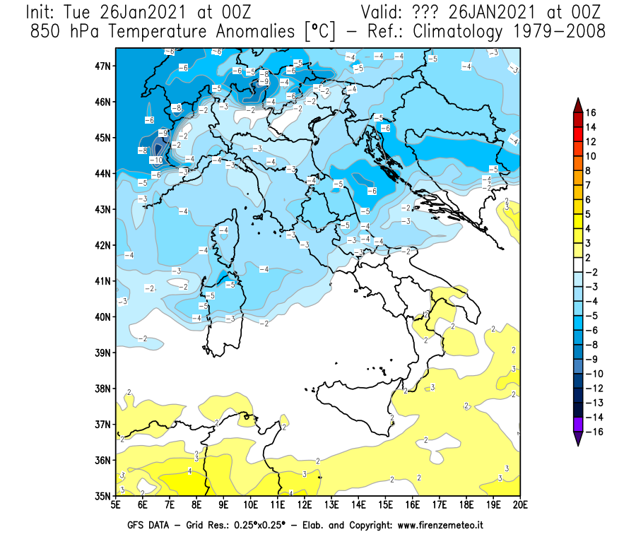 Mappa di analisi GFS - Anomalia Temperatura [°C] a 850 hPa in Italia
							del 26/01/2021 00 <!--googleoff: index-->UTC<!--googleon: index-->