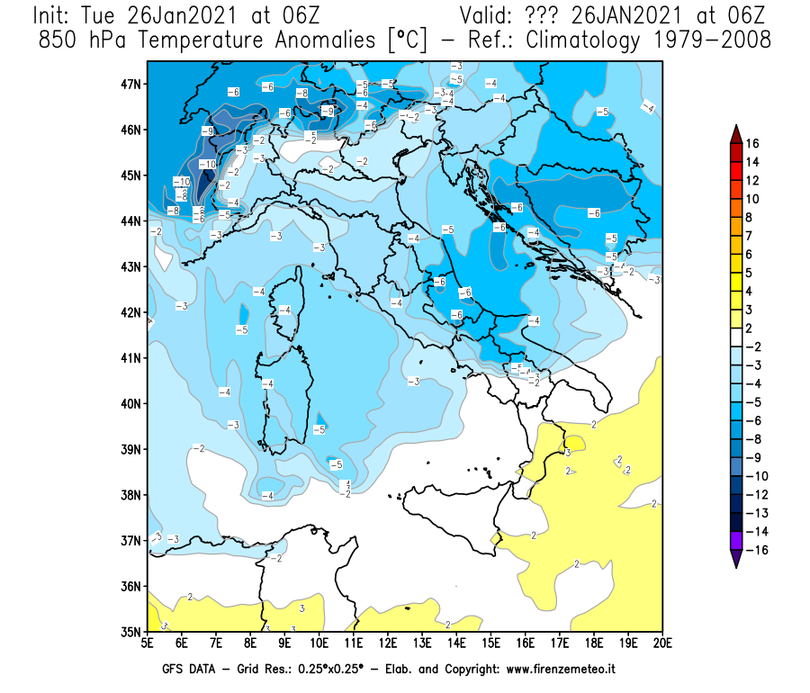 Mappa di analisi GFS - Anomalia Temperatura [°C] a 850 hPa in Italia
							del 26/01/2021 06 <!--googleoff: index-->UTC<!--googleon: index-->