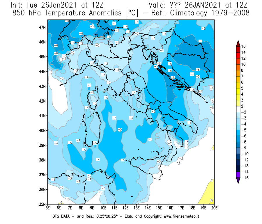 Mappa di analisi GFS - Anomalia Temperatura [°C] a 850 hPa in Italia
							del 26/01/2021 12 <!--googleoff: index-->UTC<!--googleon: index-->