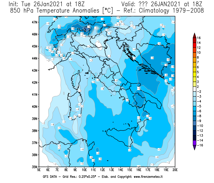 Mappa di analisi GFS - Anomalia Temperatura [°C] a 850 hPa in Italia
							del 26/01/2021 18 <!--googleoff: index-->UTC<!--googleon: index-->