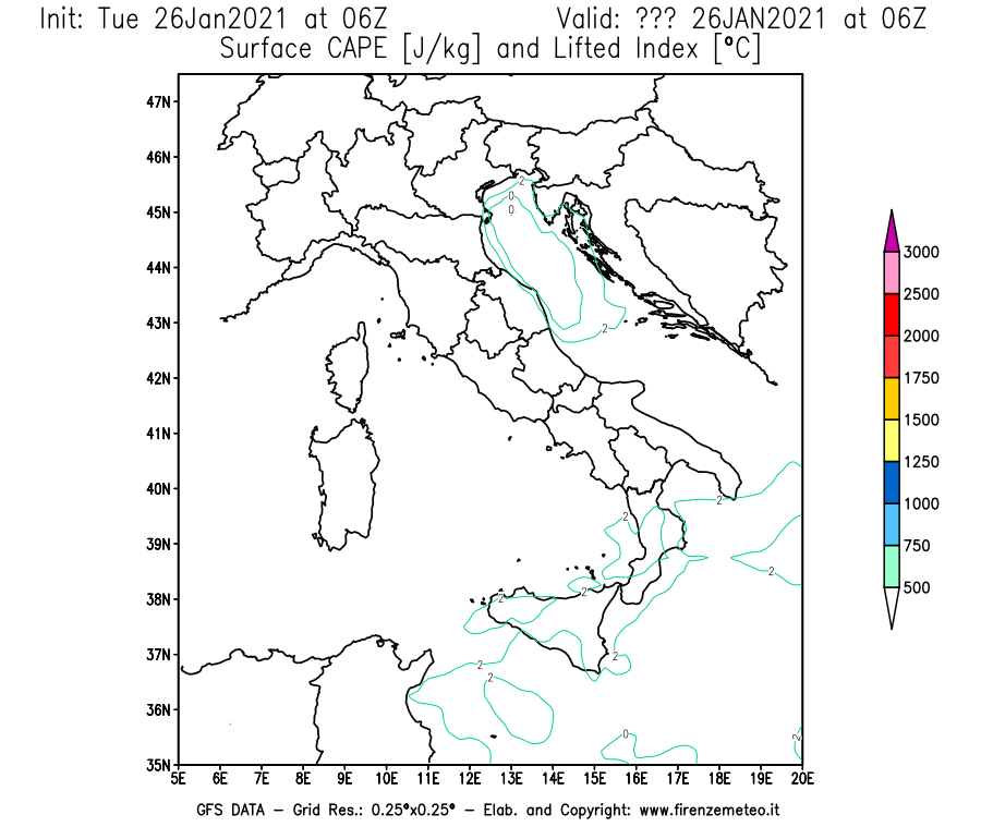 Mappa di analisi GFS - CAPE [J/kg] e Lifted Index [°C] in Italia
							del 26/01/2021 06 <!--googleoff: index-->UTC<!--googleon: index-->