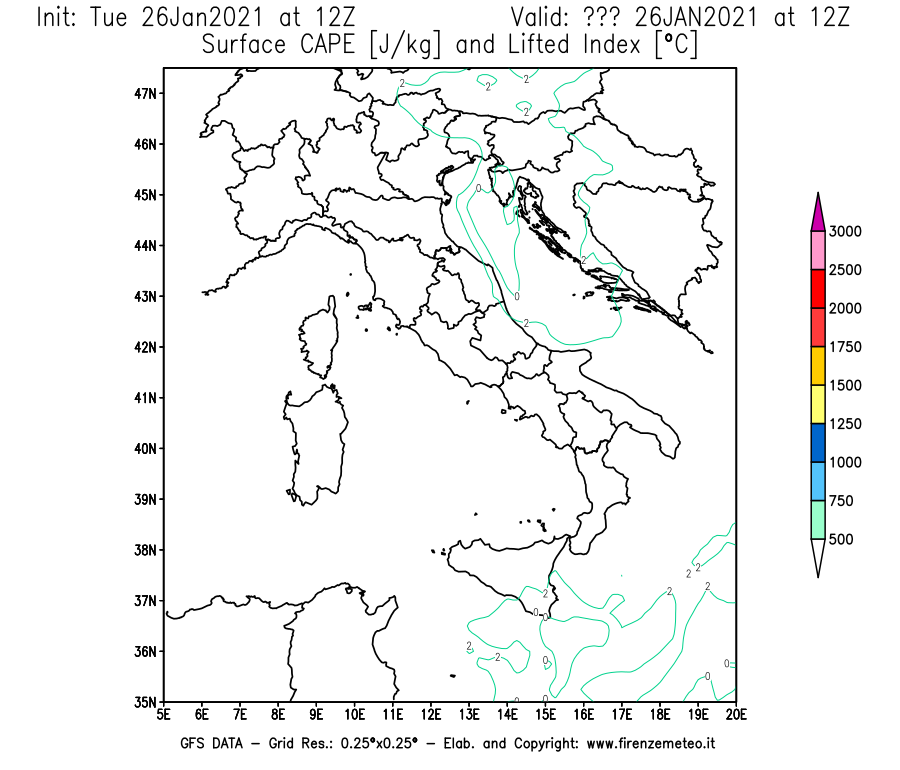 Mappa di analisi GFS - CAPE [J/kg] e Lifted Index [°C] in Italia
							del 26/01/2021 12 <!--googleoff: index-->UTC<!--googleon: index-->
