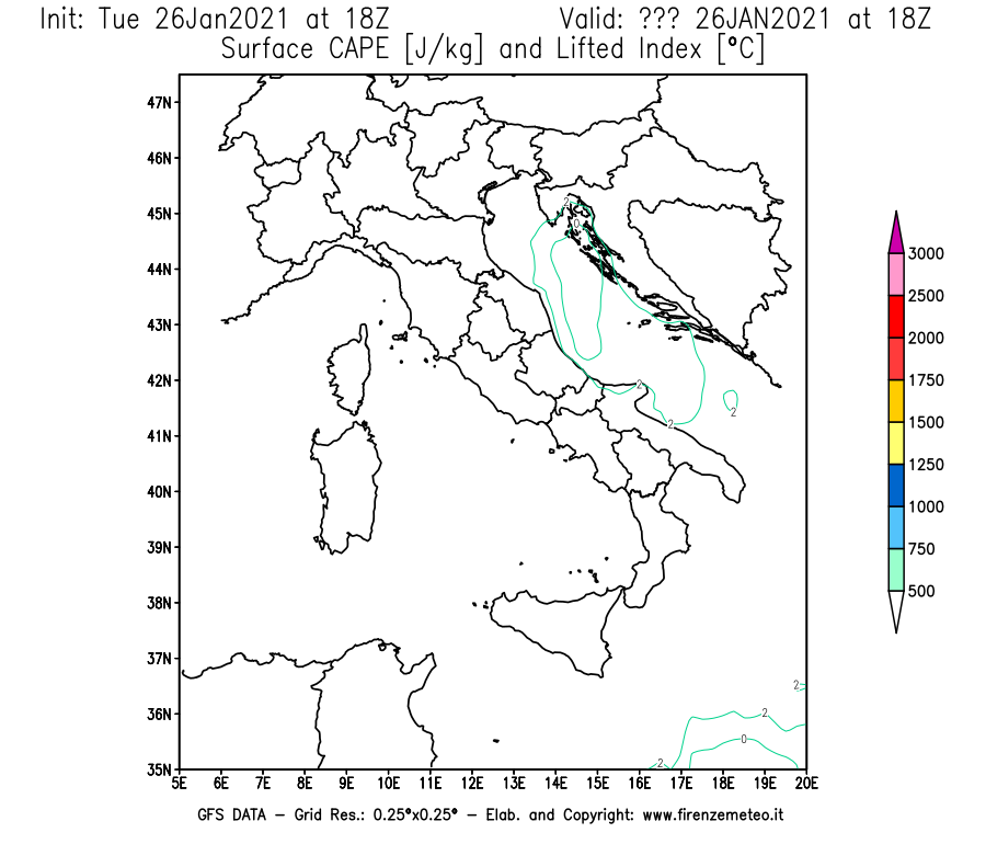 Mappa di analisi GFS - CAPE [J/kg] e Lifted Index [°C] in Italia
							del 26/01/2021 18 <!--googleoff: index-->UTC<!--googleon: index-->