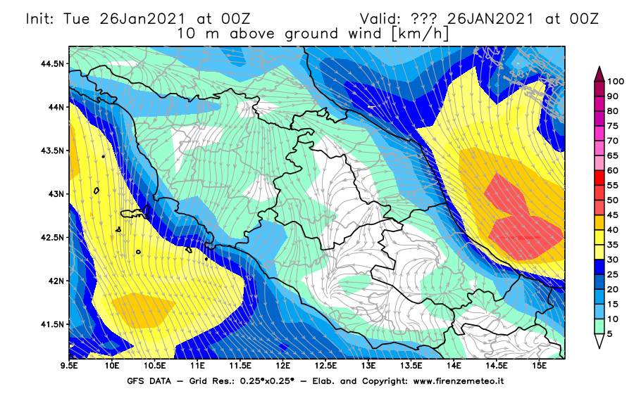 Mappa di analisi GFS - Velocità del vento a 10 metri dal suolo [km/h] in Centro-Italia
							del 26/01/2021 00 <!--googleoff: index-->UTC<!--googleon: index-->