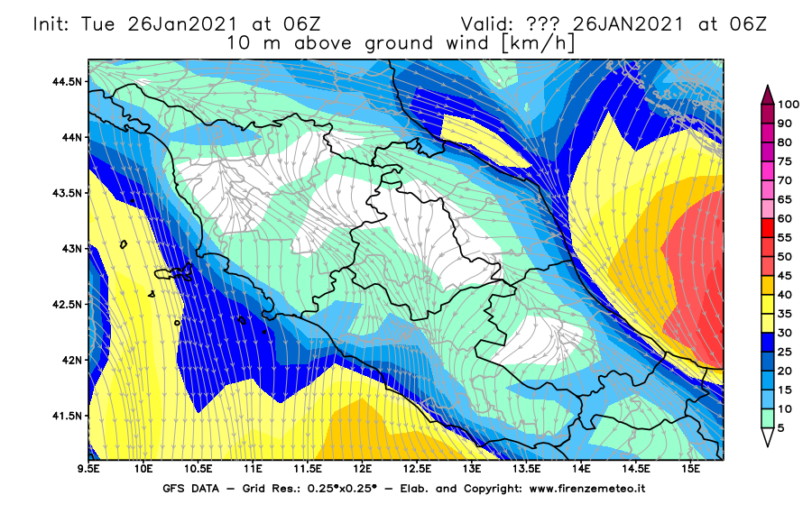 Mappa di analisi GFS - Velocità del vento a 10 metri dal suolo [km/h] in Centro-Italia
							del 26/01/2021 06 <!--googleoff: index-->UTC<!--googleon: index-->