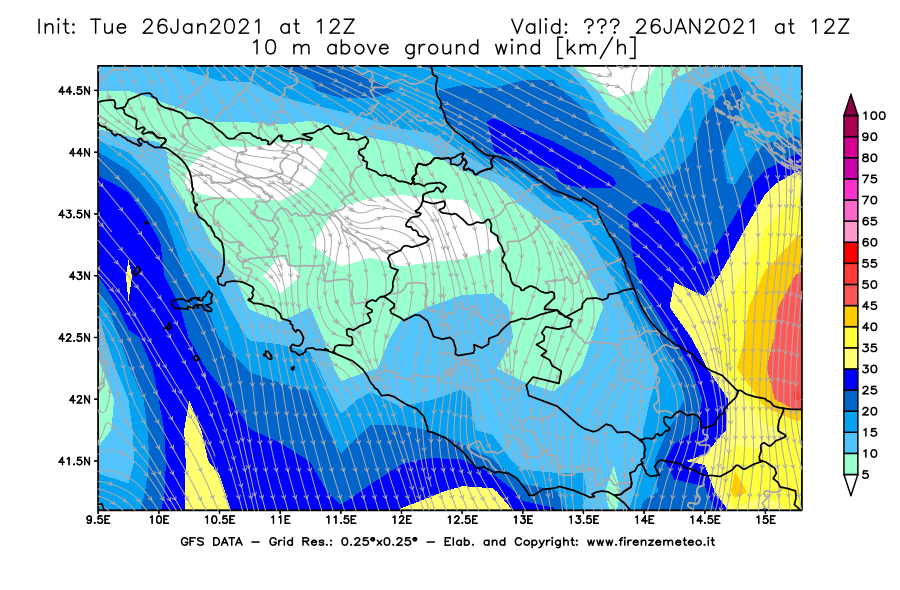 Mappa di analisi GFS - Velocità del vento a 10 metri dal suolo [km/h] in Centro-Italia
							del 26/01/2021 12 <!--googleoff: index-->UTC<!--googleon: index-->