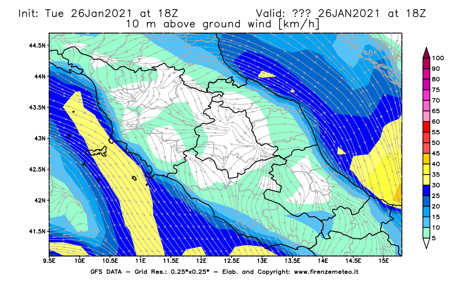 Mappa di analisi GFS - Velocità del vento a 10 metri dal suolo [km/h] in Centro-Italia
							del 26/01/2021 18 <!--googleoff: index-->UTC<!--googleon: index-->