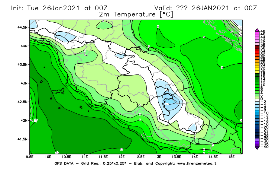 Mappa di analisi GFS - Temperatura a 2 metri dal suolo [°C] in Centro-Italia
							del 26/01/2021 00 <!--googleoff: index-->UTC<!--googleon: index-->