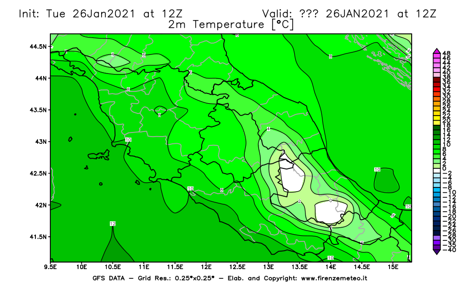 Mappa di analisi GFS - Temperatura a 2 metri dal suolo [°C] in Centro-Italia
							del 26/01/2021 12 <!--googleoff: index-->UTC<!--googleon: index-->