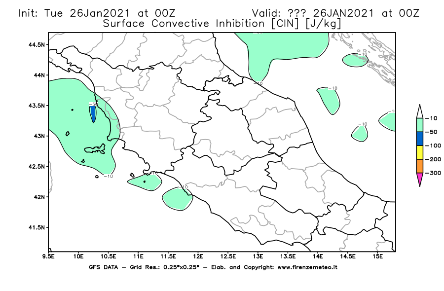 Mappa di analisi GFS - CIN [J/kg] in Centro-Italia
							del 26/01/2021 00 <!--googleoff: index-->UTC<!--googleon: index-->